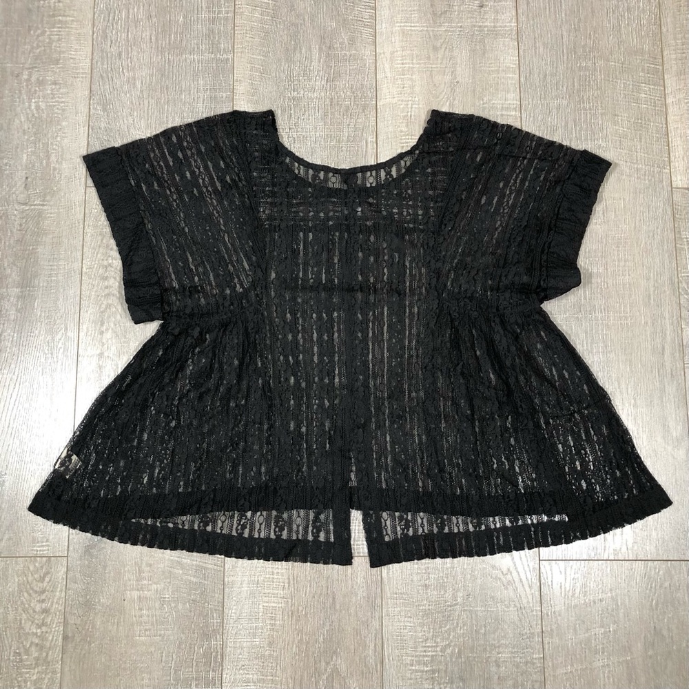 Free People Black Lace Short Sleeve Peasant Top - Picture 2 of 6